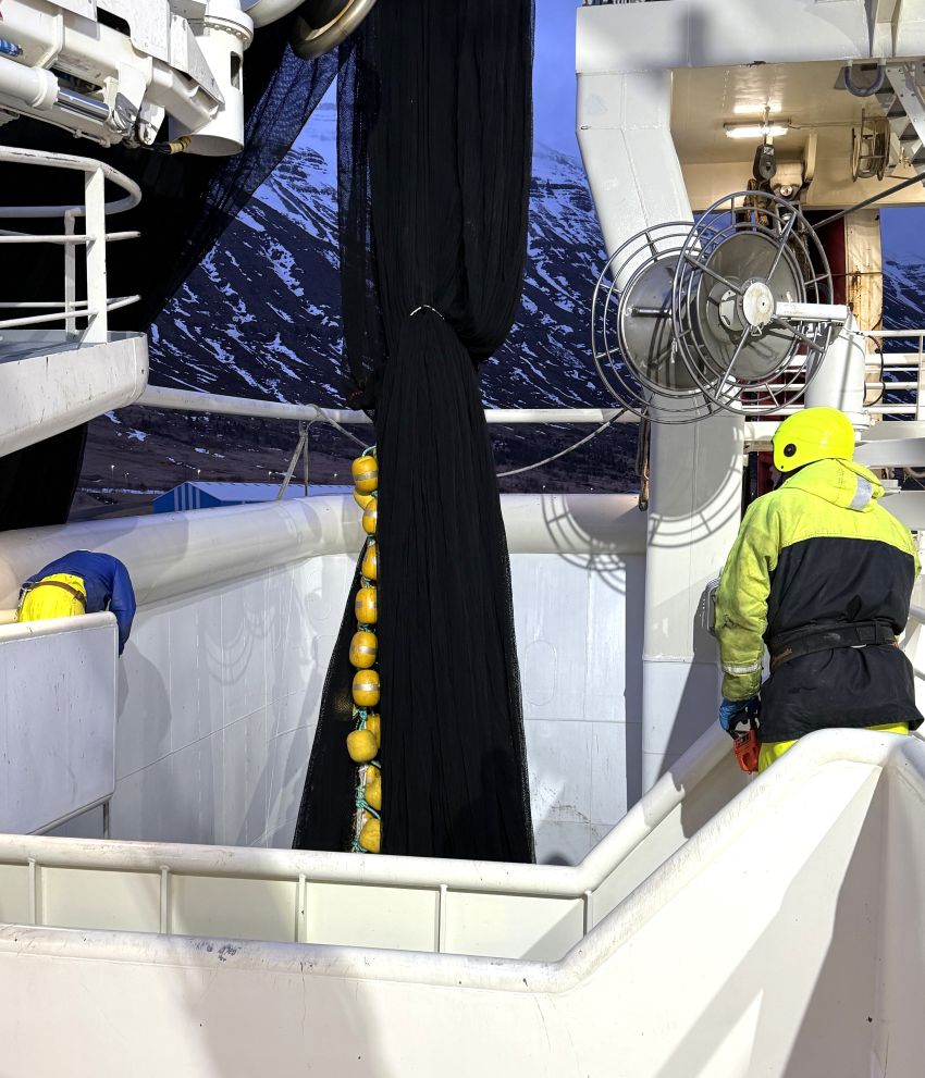 Nótin lögð niður í nótakassann.