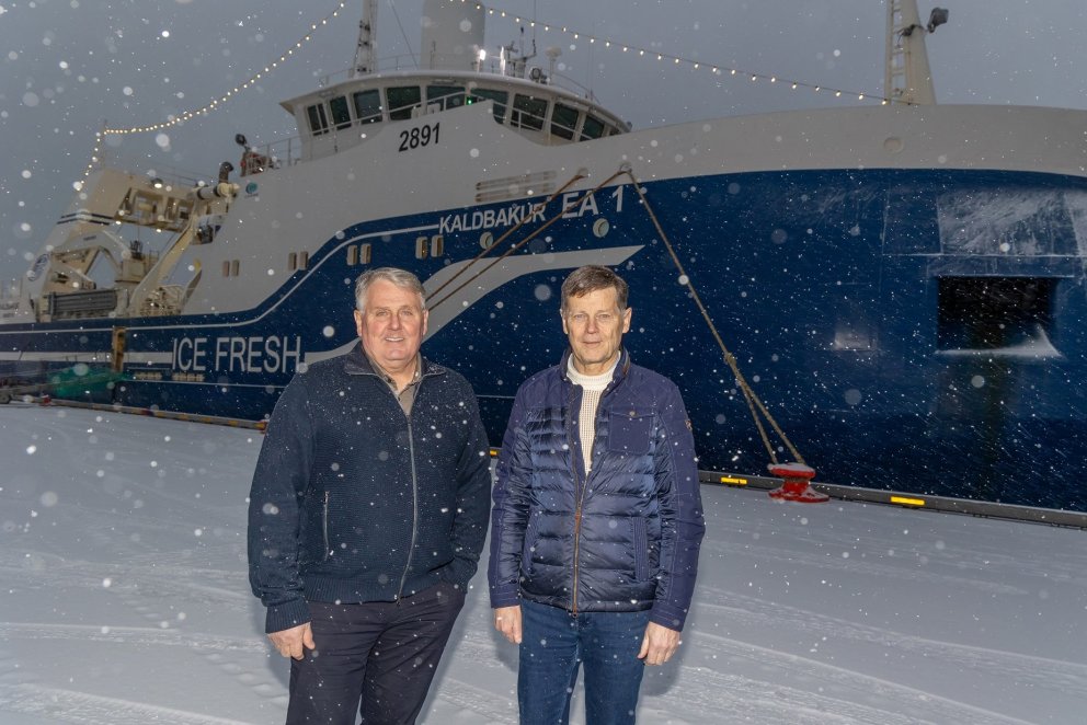 Kristján Vilhelmsson and Þorsteinn Már Baldvinsson with the trawler Kaldbakur EA 1 in the background…