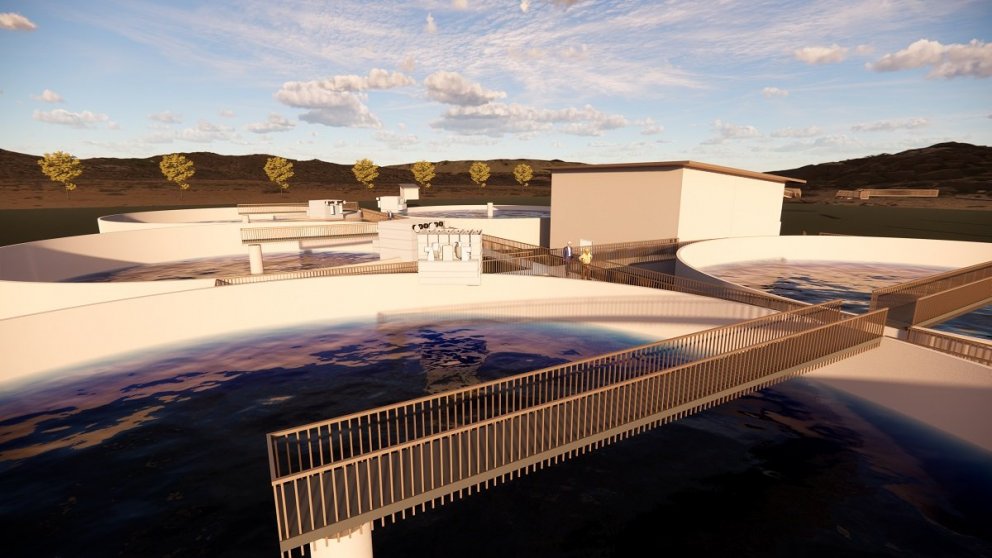 Tölvugerð mynd af laxeldisstöðinni eftir stækkun